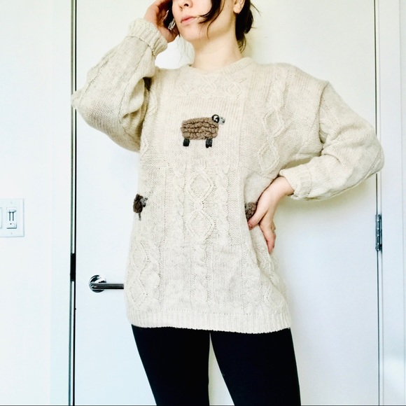 Vintage 100% Wool Cream Sheep Knit Sweater - Picture 2 of 12